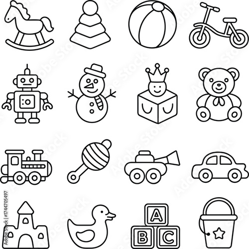 Collection of outline drawings of children's toys on a white background Keywords: toy, toys