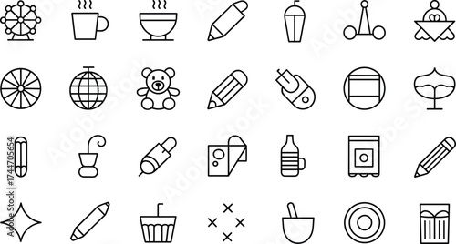 Collection of simple black line art icons for various objects and activities outline