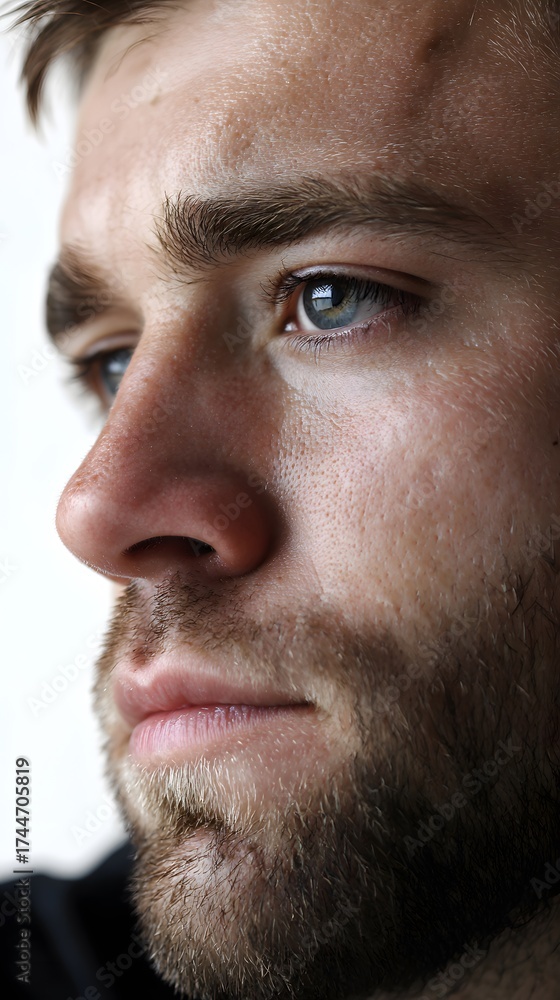 Obraz premium Intense close up profile of a thoughtful bearded man.
