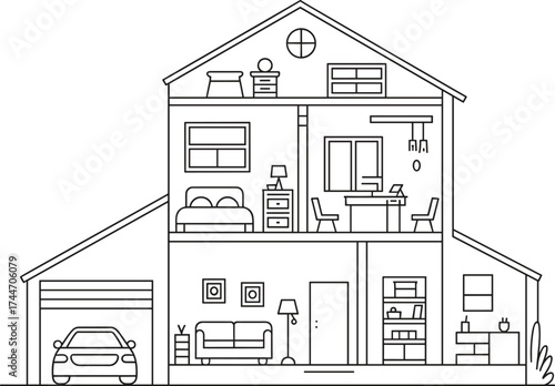 Cross-Section of a House Showing Interior Rooms and Furniture untitled