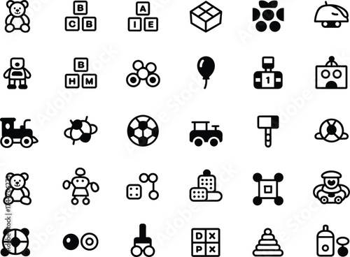 Diverse collection of black and white icons for toys and games teddy bear alphabet blocks