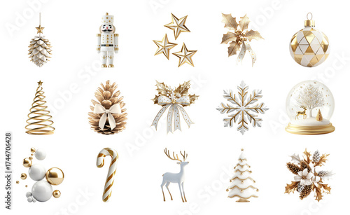PNG Elegant gold Christmas decorations collection, element set on transparent background