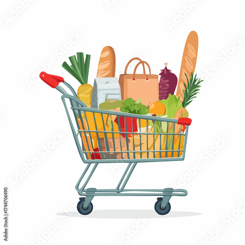 Shopping carts, paper bags, plastic and metal baskets from grocery store