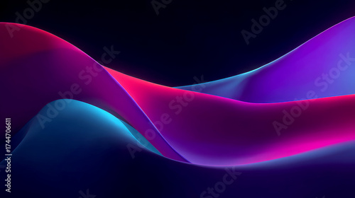 A vibrant abstract wave design featuring gradients of pink, purple, and blue on a dark background