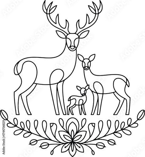 Elegant family of deer with antlers and decorative floral border outline