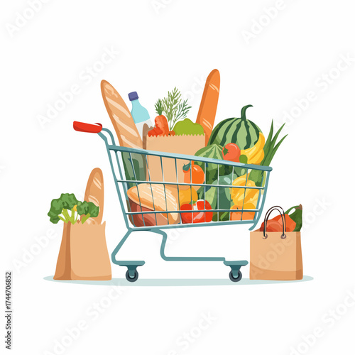 Shopping carts, paper bags, plastic and metal baskets from grocery store