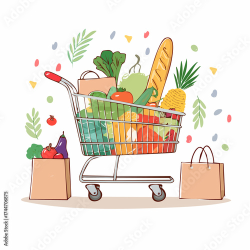 Shopping carts, paper bags, plastic and metal baskets from grocery store