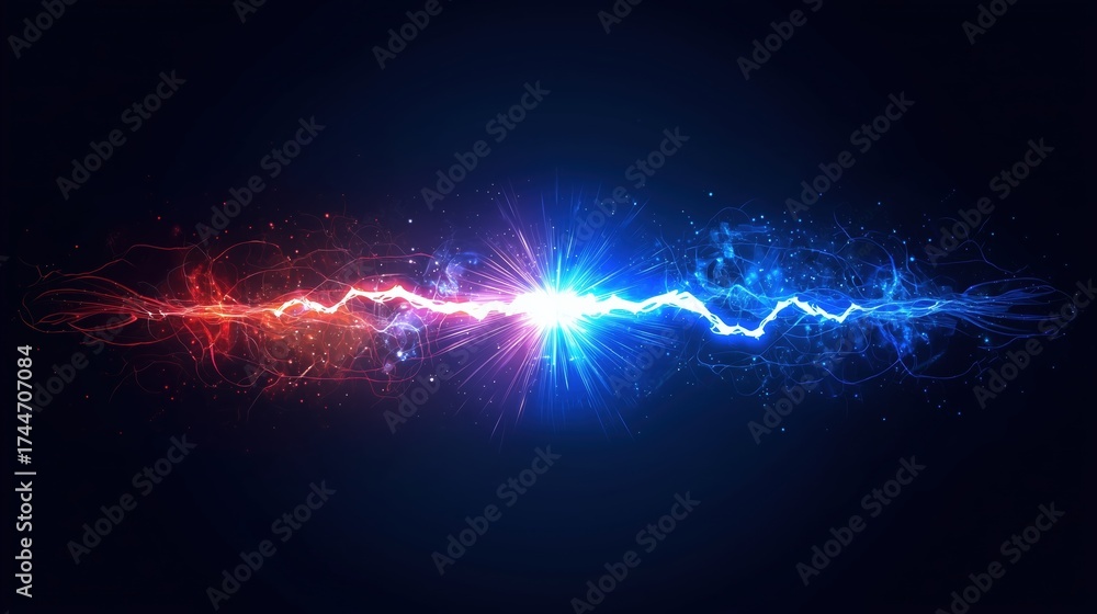 Fototapeta premium Dynamic vector illustration of blue and red lightning sparks on a dark background, showing an electric flash between two sharp lines, symbolizing energy, power, electricity, voltage, and high-tech fut