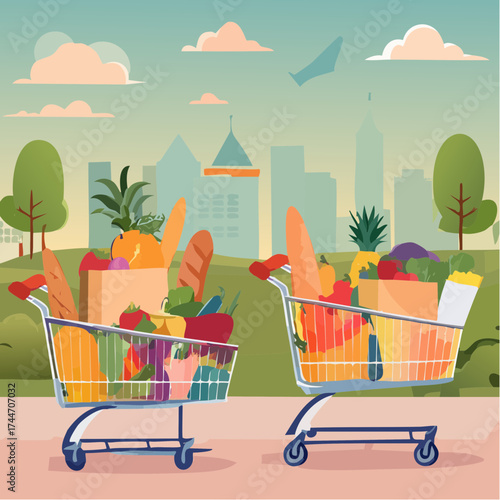Shopping carts, paper bags, plastic and metal baskets from grocery store