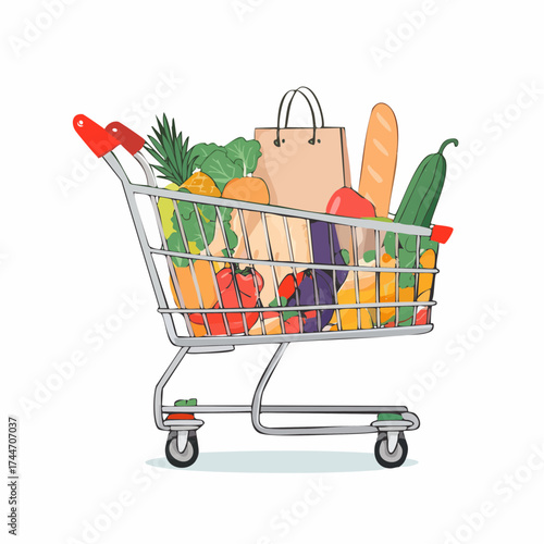 Shopping carts, paper bags, plastic and metal baskets from grocery store