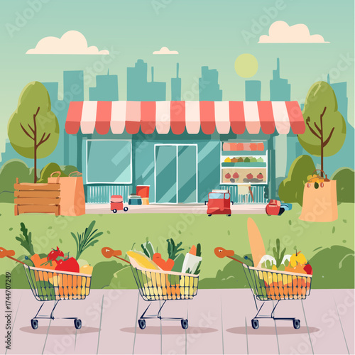 Shopping carts, paper bags, plastic and metal baskets from grocery store