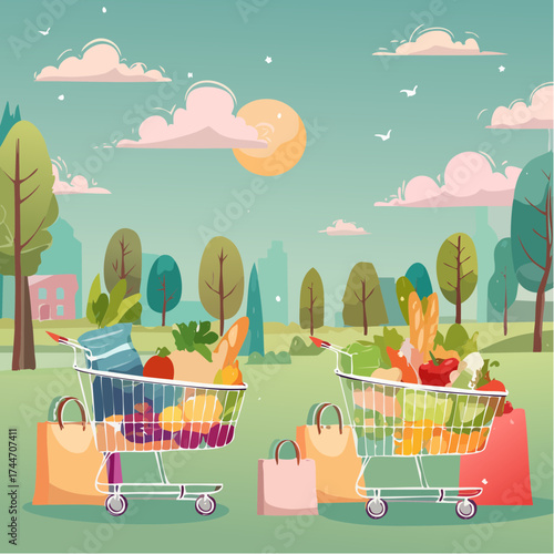 Shopping carts, paper bags, plastic and metal baskets from grocery store