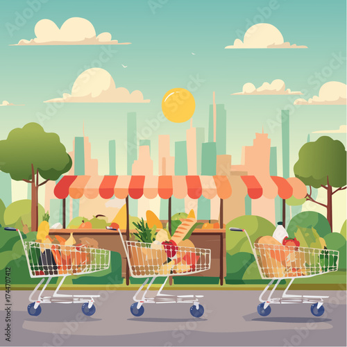 Shopping carts, paper bags, plastic and metal baskets from grocery store