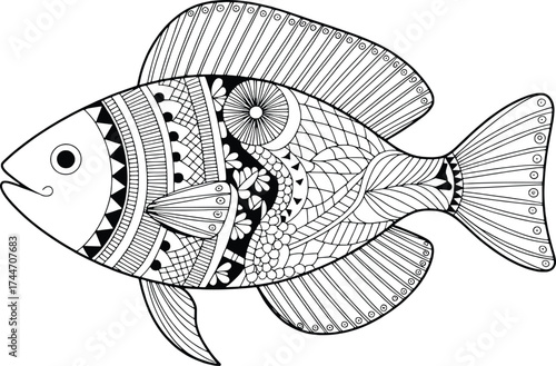 Whimsical hand drawn fish with intricate patterns for coloring and art projects