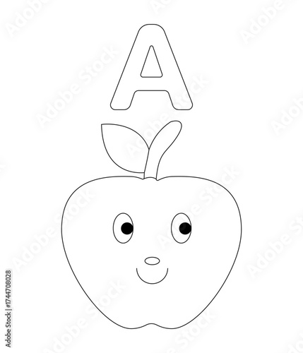 funny apple character with the letter A outline for kids coloring book page and educational