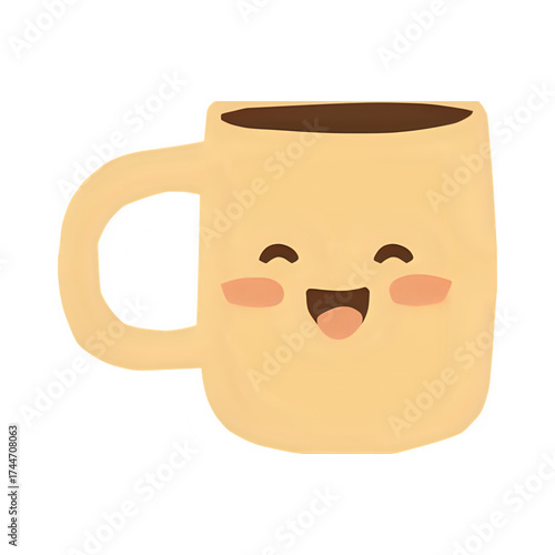 A charming and cheerful illustration of a light yellow coffee mug with a happy face, blushing cheeks, and a wide smile. Perfect for designs related to morning routines, beverages, and positive emotion