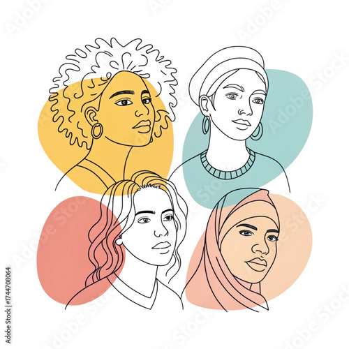 A vibrant illustration celebrating diversity with four distinct women depicted in a minimalist line art style, set against colorful abstract backgrounds.