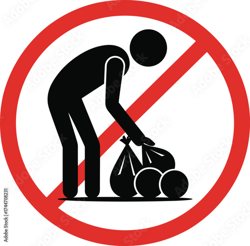 No Littering Sign with Person and Trash Bags prohibition warning