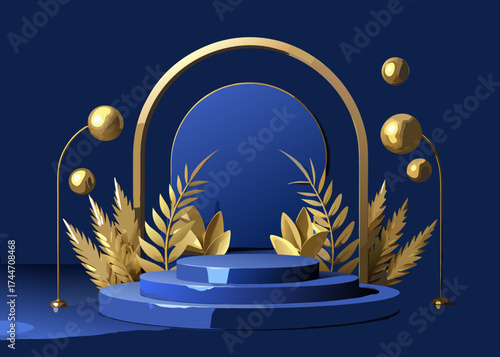 Elegant blue and gold stage with arched backdrop and spheres