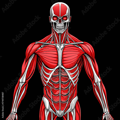 Anatomical illustration of human musculature and skeleton