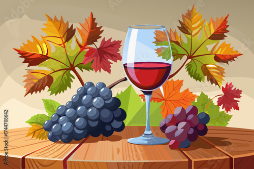 Autumn harvest wine and grapes on wooden table