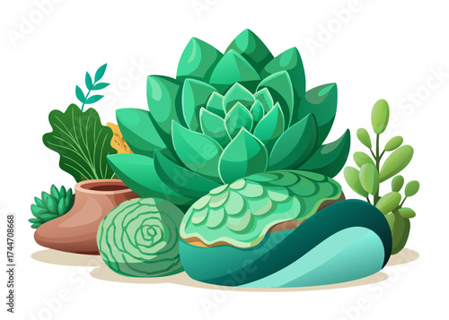 Vibrant collection of illustrated succulent plants in pots