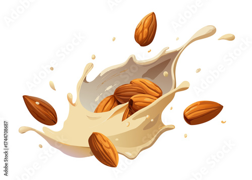 Almonds splashing into creamy milk splash