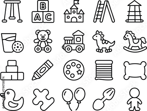 Outline icons of children's toys and playground equipment swing set alphabet blocks