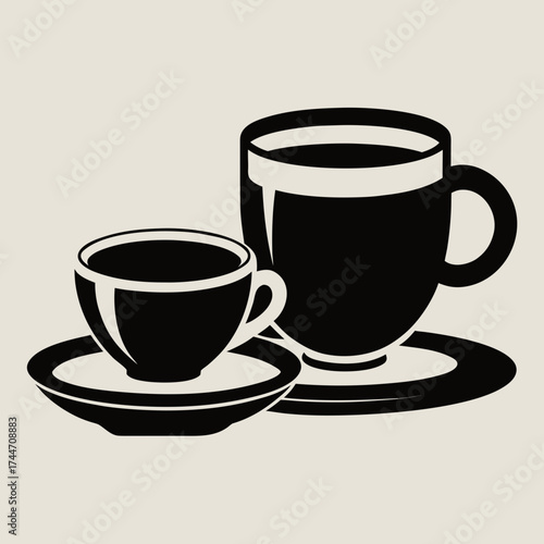 Two black coffee cups and saucers on a light background