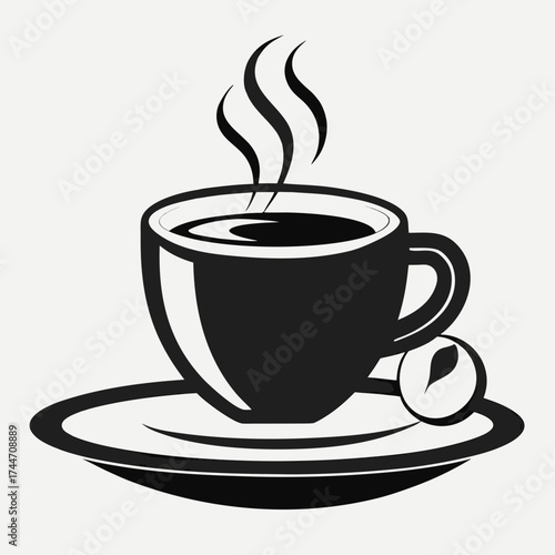 Steaming hot coffee cup on saucer with leaf icon