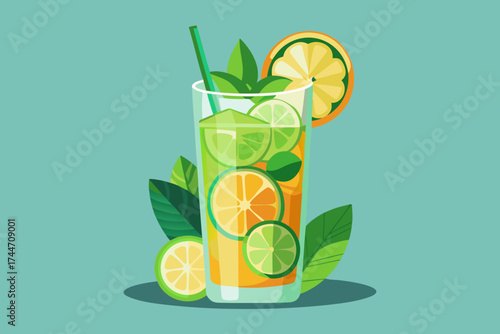 Refreshing citrus drink with lime and orange slices