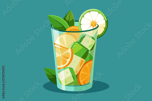 Refreshing citrus and mint infused drink with ice cubes