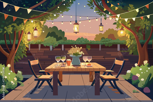 Cozy evening backyard patio dinner with string lights and wine