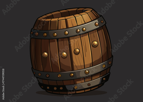Stylized wooden barrel with metal bands and rivets