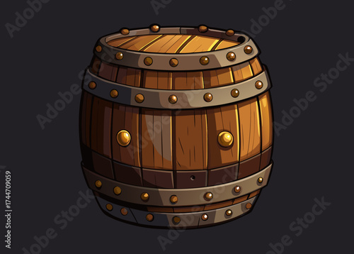Stylized wooden barrel with metal bands and rivets