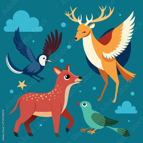 Whimsical woodland creatures and birds in a dreamy sky