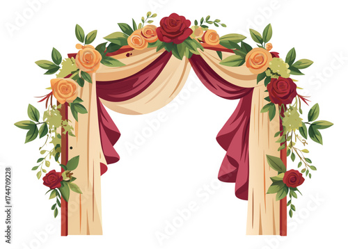 Elegant floral wedding arch with draping fabric and roses
