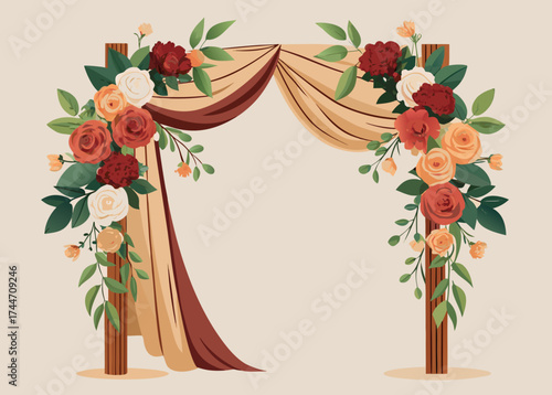 Floral wedding arch with draping fabric and roses