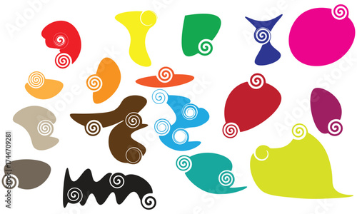 Whimsical Abstract Shapes Adorned with Playful Swirl Patterns, Colorful and Creative Graphic Design Elements