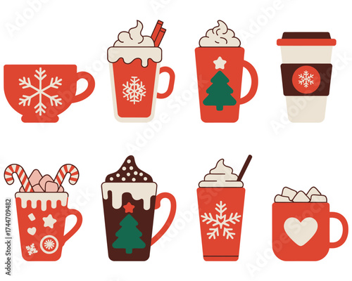 A delightful collection of cute cartoon Christmas mugs and hot drink cups, perfect for winter holiday designs