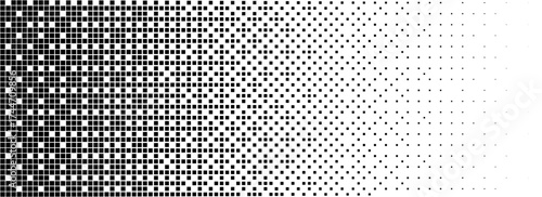 Checkered halftone texture background. Square dot faded gradation wallpaper. Black and white squared pixels. Abstract glitchy 8 bit video game backdrop. Vector comic bitmap dither screen tone overlay
