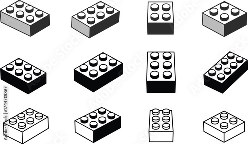 Set of black and white building blocks in isometric view construction plastic