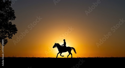 Silhouette of horse and rider against sunset sky