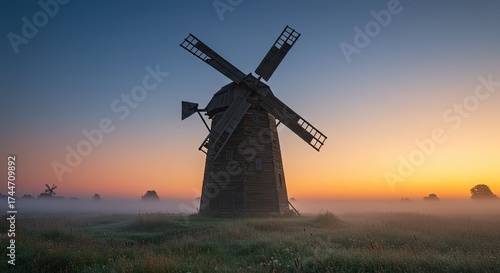 Silhouette of a traditional windmill at sunrise with colorful sky