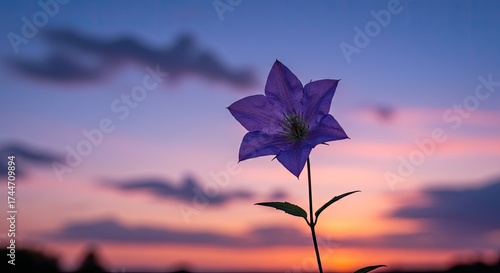 Silhouette of a purple flower against a colorful evening sky background