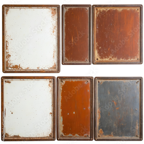 Six rusty metal signs in two rows of worn surfaces and edges