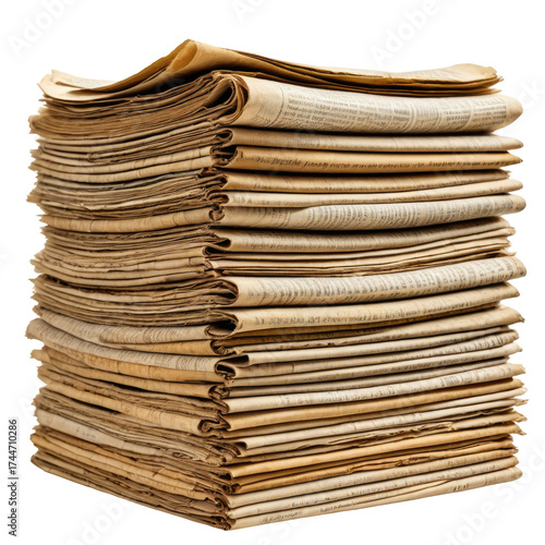 Tall stack of aged, layered newsprint papers against a dark background