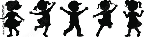 Silhouette of Diverse Children Dancing and Jumping in Joyful Poses Keywords: children, kids