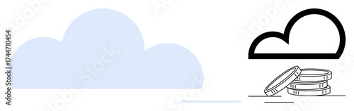 Abstract blue and black cloud icons with a stack of coins. Ideal for cloud storage, finance technology, digital economy, innovation, online savings, modern business, and digital assets. Simple flat
