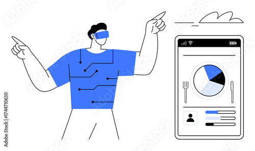 Person wearing VR headset interacting with futuristic blue tech design beside mobile display showing analytics. Ideal for innovation, technology, virtual reality, data, mobile interfaces, user